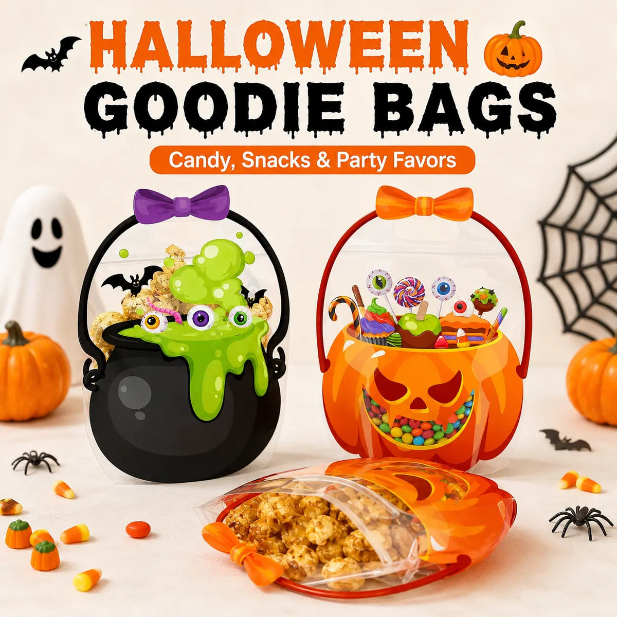 Halloween Plastic Goodie Bags, Trick or Treat Candy Bags 🎃（fb）