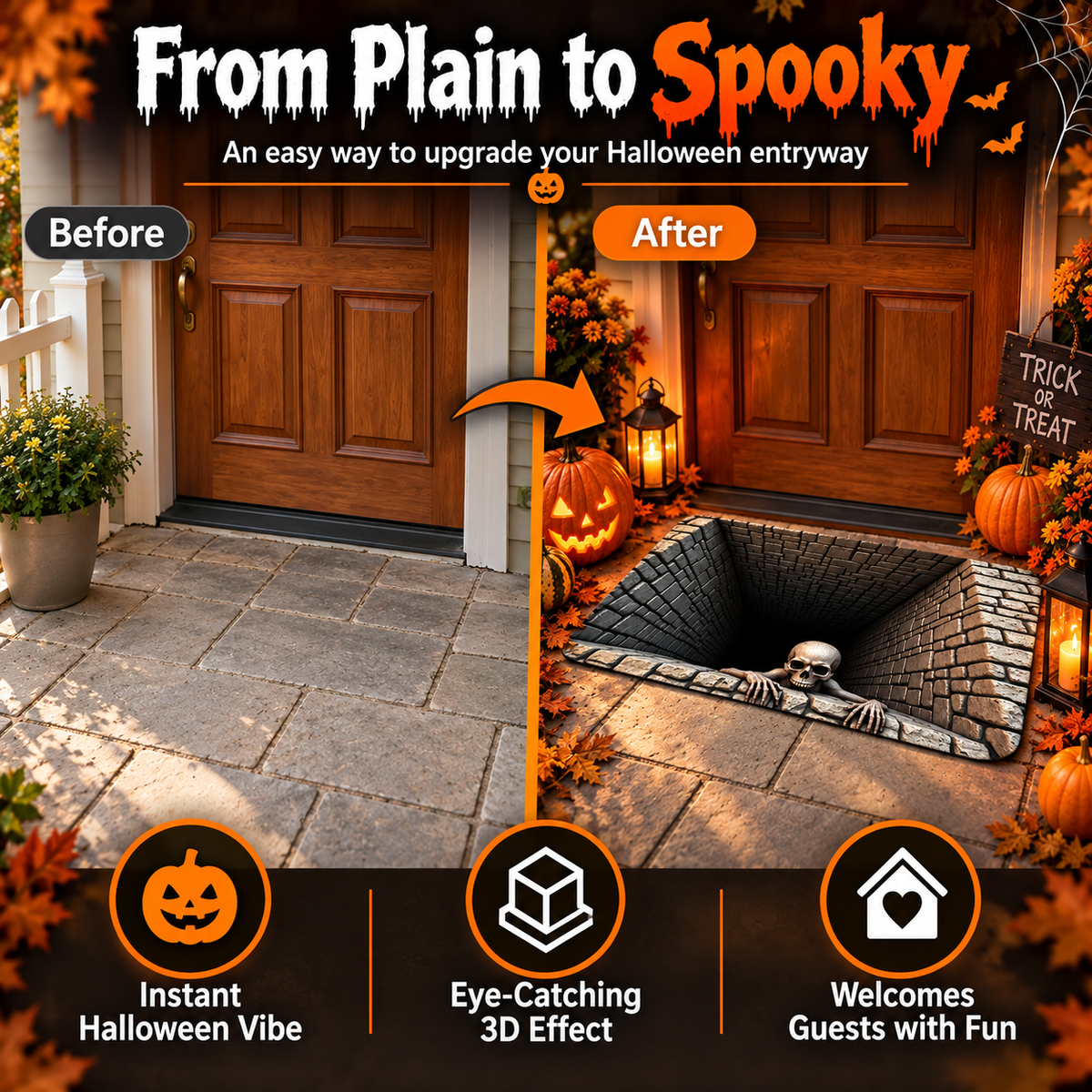 🔥Hot sales🔥Halloween Front Door Mat – Festive 3D Visual Skull